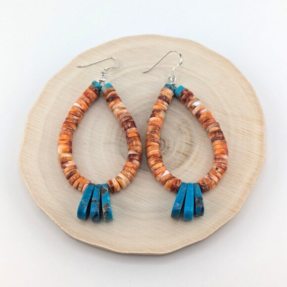 Native American Spiny Oyster Loop Dangle Earrings‎ Santo Domingo Kewa Pueblo ** - Picture 6 of 12